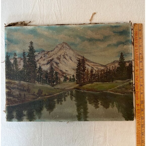 Vintage Distressed Charm Moody Mountain Landscape Oil Painting on Canvas 12"x16" - Picture 13 of 15